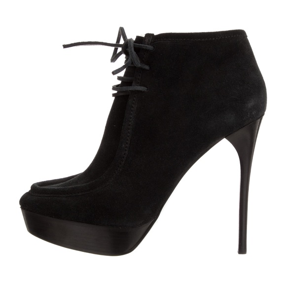 NEW BURBERRY PRORSUM Black suede leather laceup shearling heel booties EU 40 - Picture 1 of 16